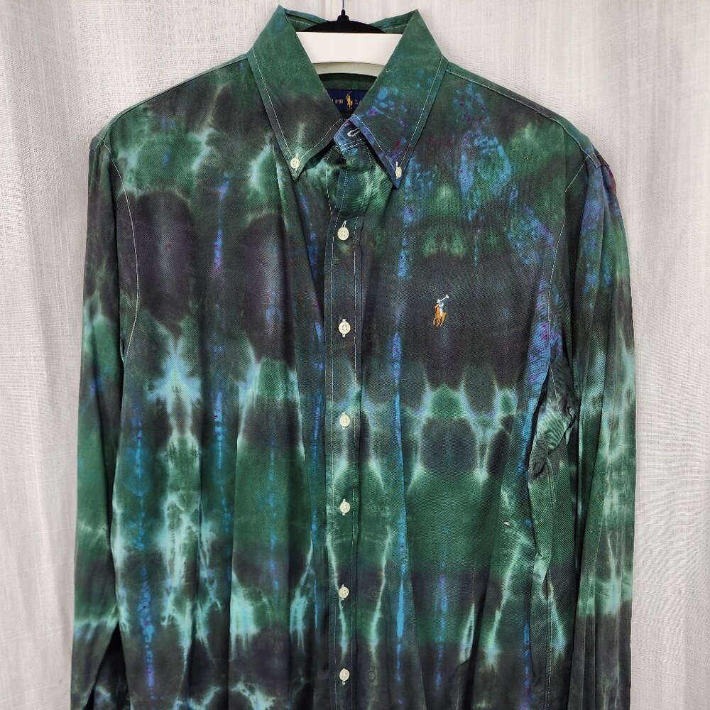 Oregon Rain Tie-Dyed Men's Dress Shirt – Dark Green, Charcoal with Cobalt